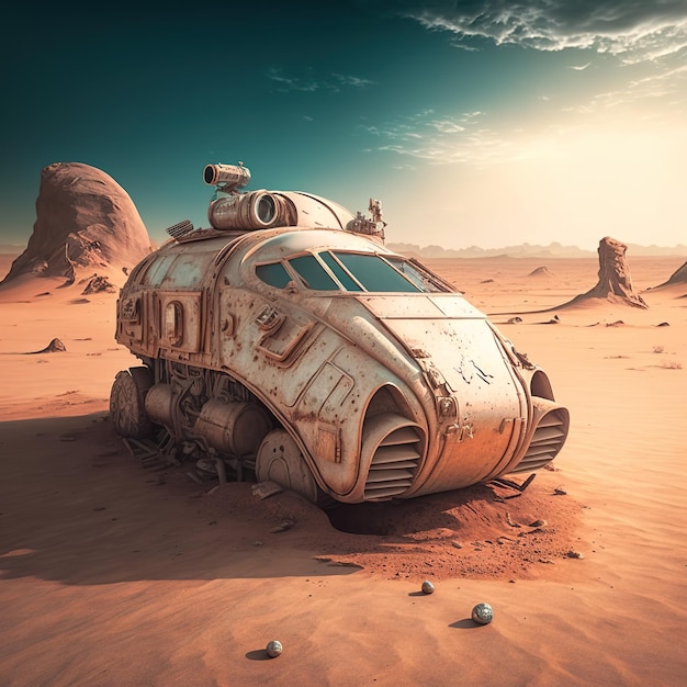 A painting of a tank in the desert with the word star wars on it.