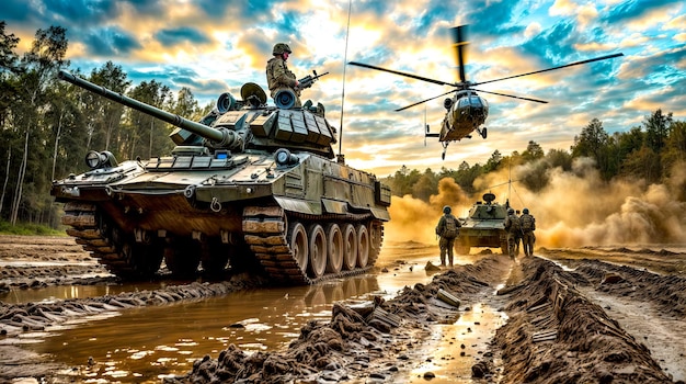 Painting of tank and helicopter flying over body of water