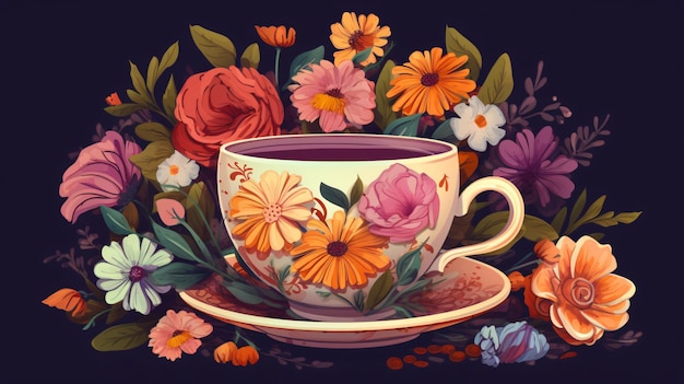 A painting of a teacup with flowers and a cup of tea.