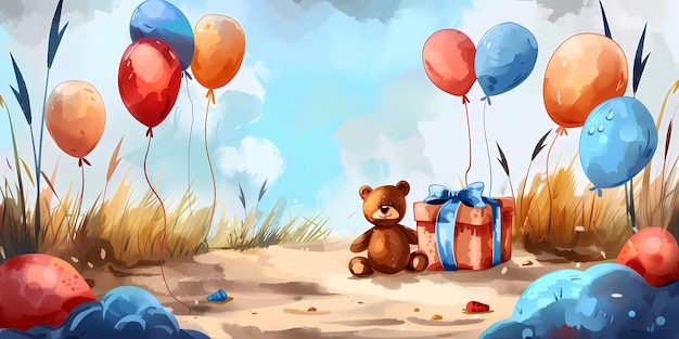 Photo a painting of a teddy bear and balloons with a teddy bear and a gift box