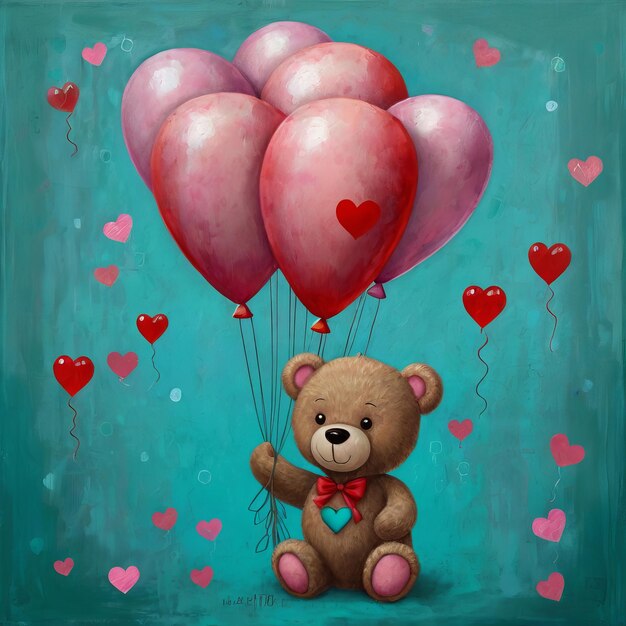 Photo a painting of a teddy bear holding balloons with a heart shaped like a bear