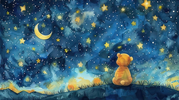 Photo a painting of a teddy bear sitting on a hill with the moon behind it