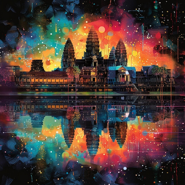 a painting of a temple angkorwat with a colorful background