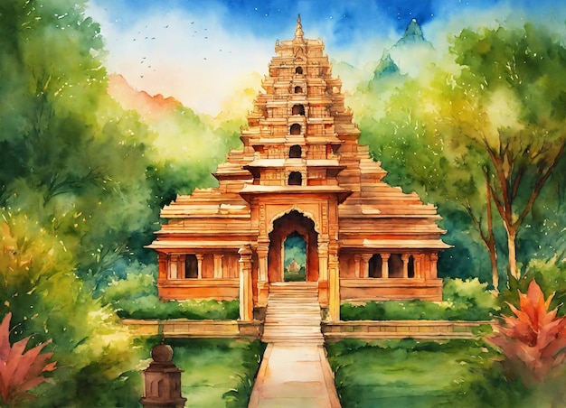 Painting of a temple in the middle of a forest