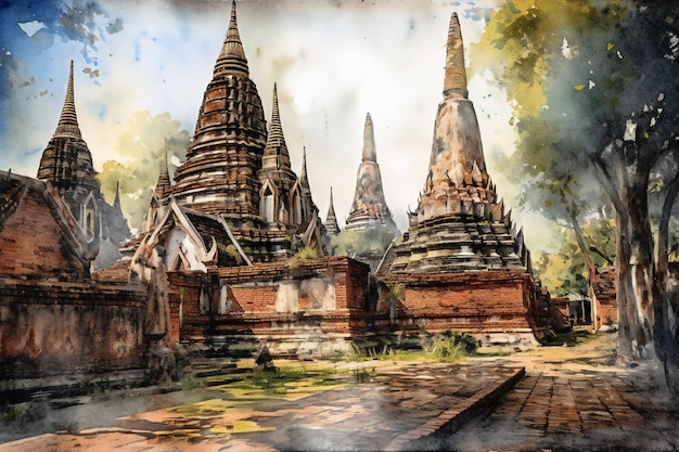 A painting of a temple in thailand