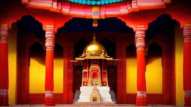 A painting of a temple with a dome in the middle.