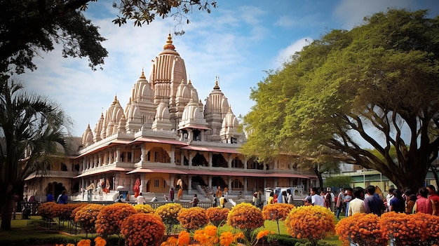 a painting of a temple with flowers in front of it