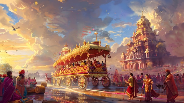 a painting of a temple with a golden temple in the background