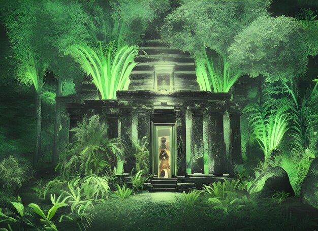 Photo a painting of a temple with a green background with a large statue in the middle