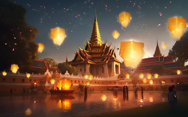 A painting of a temple with lanterns floating above it