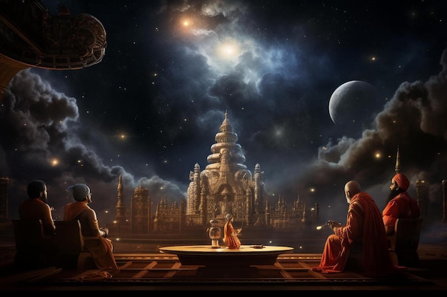 a painting of a temple with a man sitting in front of a moon with a star on it