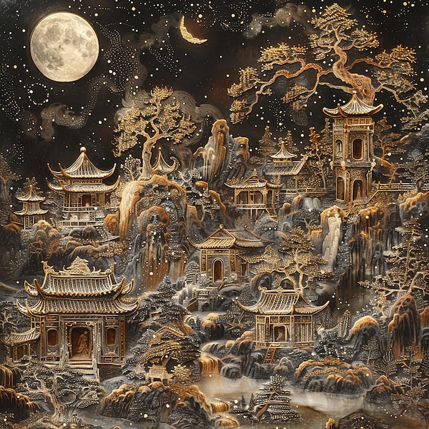 a painting of a temple with a moon in the background