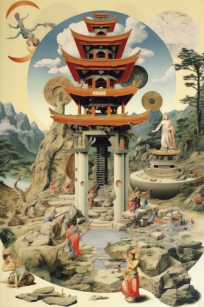 A painting of a temple with a person in the foreground and a person in the background.