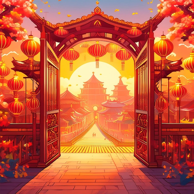 a painting of a temple with a red door and a red gate with chinese lanterns on the top