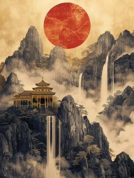 Photo a painting of a temple with a red sun on it