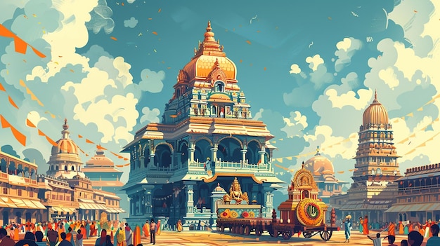 a painting of a temple with a train on the front