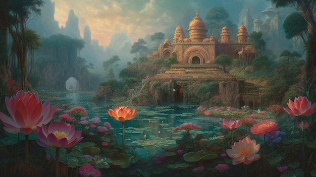 A painting of a temple with a water fountain and a lotus flower in the foreground