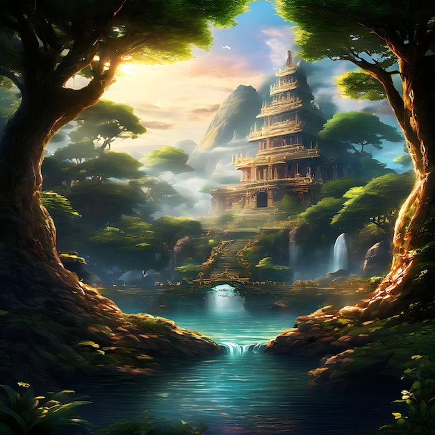 a painting of a temple with a waterfall in the background