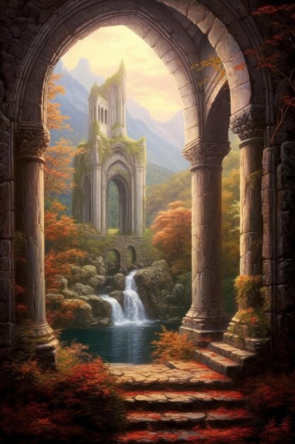 A painting of a temple with a waterfall in the background.