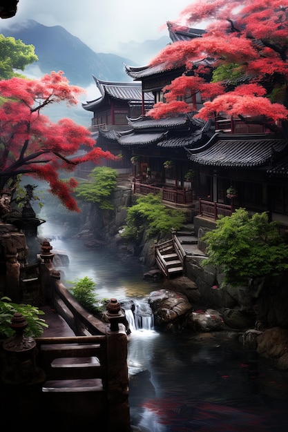 a painting of a temple with a waterfall in the background