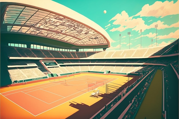 a painting of a tennis court with a tennis ball in the background.