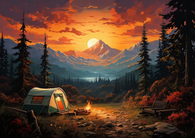 Painting of a tent and a campfire in a forest generative ai