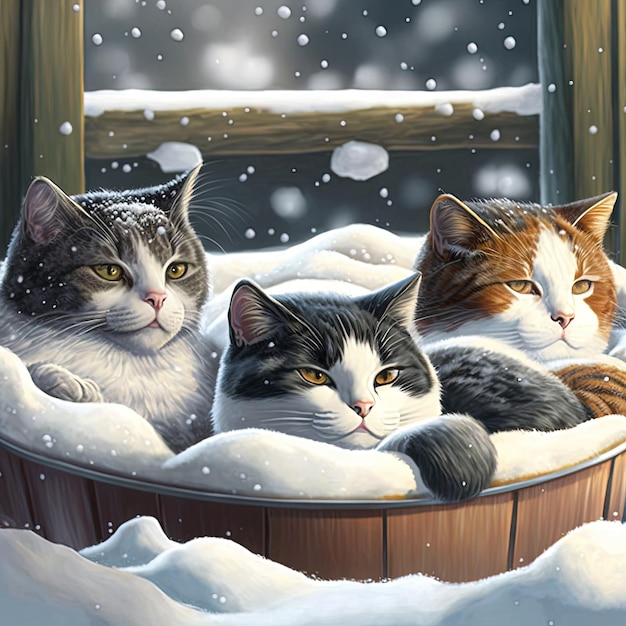 A painting of three cats in a tub covered in snow.