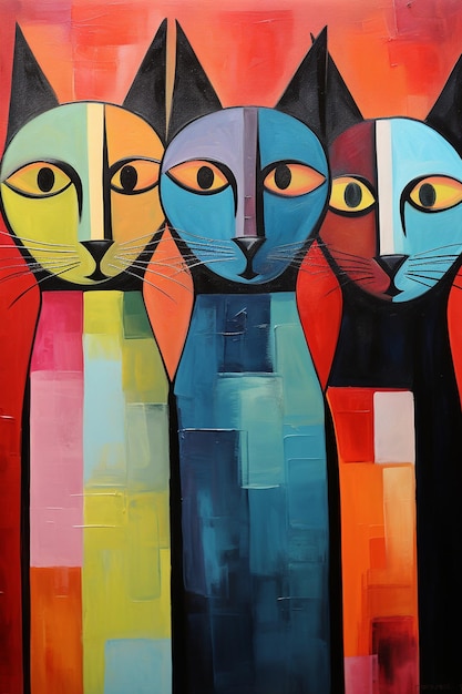 painting of three cats with different colors and shapes on a red background generative ai