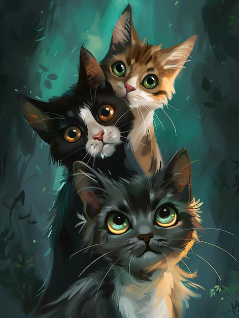 a painting of three cats with one of them has a green background