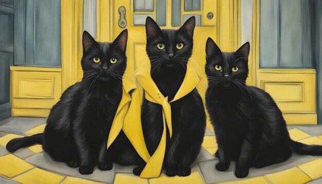 a painting of three cats with yellow ribbons