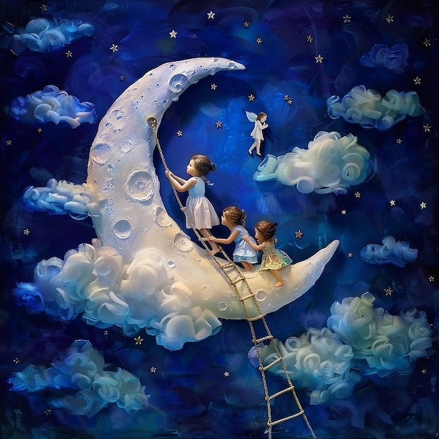 a painting of three children on a moon with clouds and the moon in the background