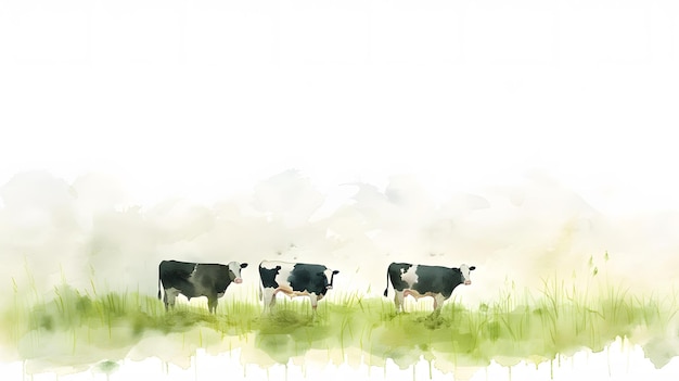 Photo a painting of three cows in a field with a white background