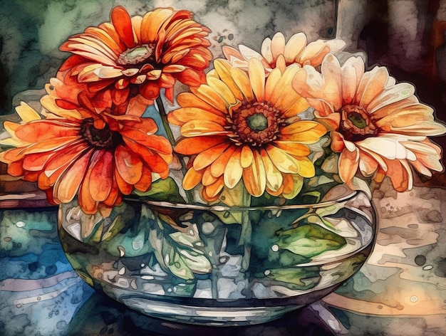 A painting of three flowers in a vase