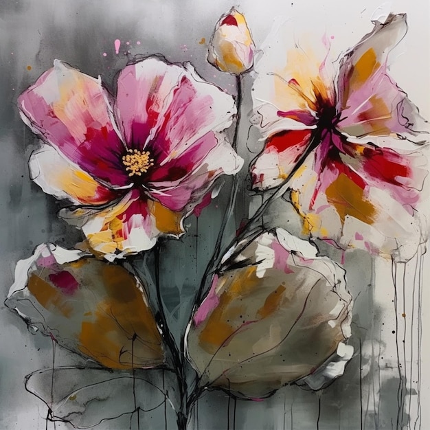 Painting of three flowers with a dripping paint effect generative ai