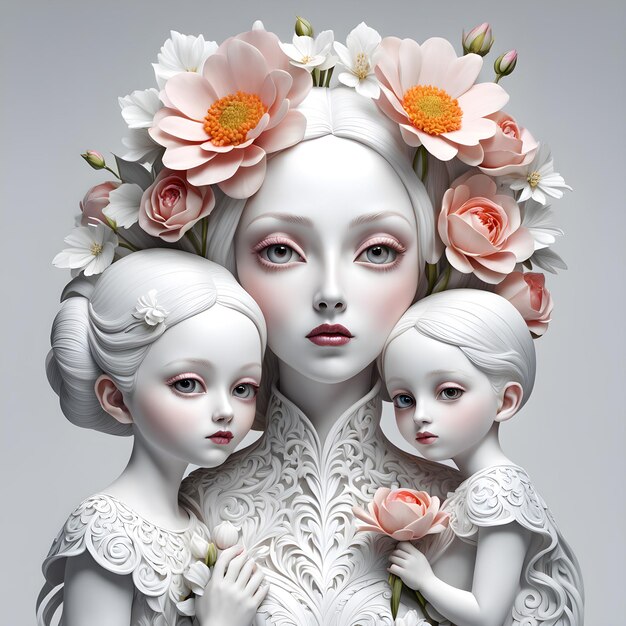 a painting of three girls and two children with flowers in their hair