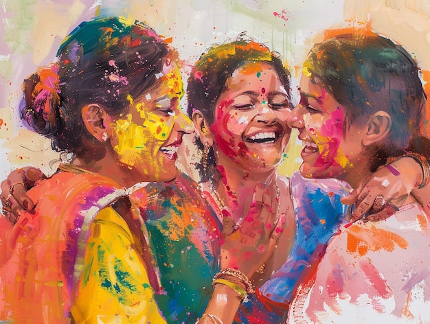 a painting of three girls with one being silly and the other has a colorful background