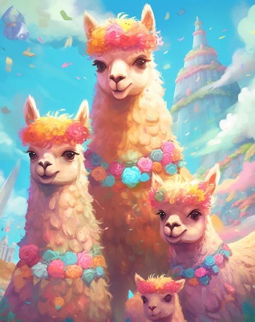 A painting of three llamas with the united states in the background.