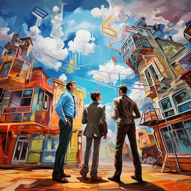 a painting of three men looking at a city with the word " i love " on it.