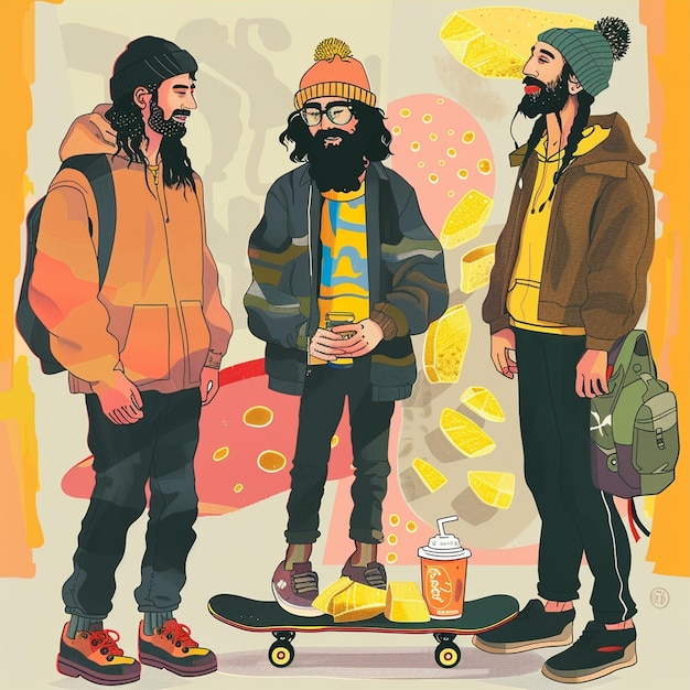 Photo a painting of three men with a backpack and a backpack