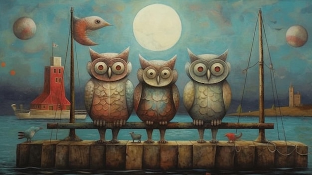 Painting of three owls sitting on a dock with a full moon in the background generative ai