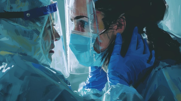 A painting of three people in medical scrubs