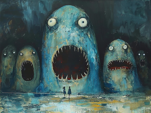 a painting of three people and a shark with big eyes