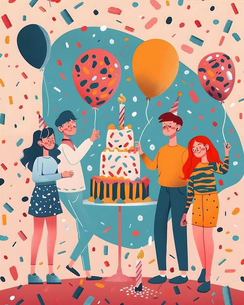 Photo a painting of three people with balloons and a cake with a cake on it