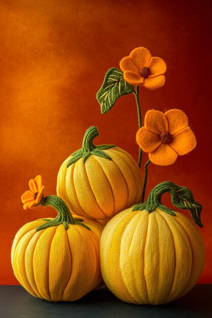 Photo a painting of three pumpkins with flowers on a red background