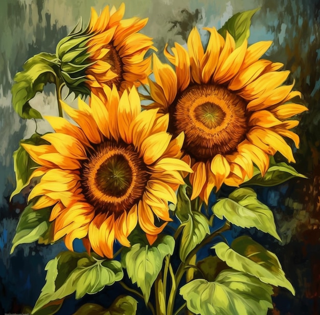 Painting of three sunflowers with green leaves on a blue background generative ai