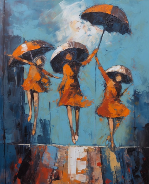 painting of three women in orange dresses holding umbrellas on a pier generative ai