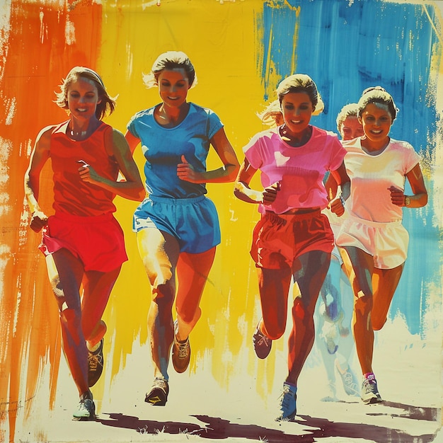 a painting of three women running in a race with the words quot women quot