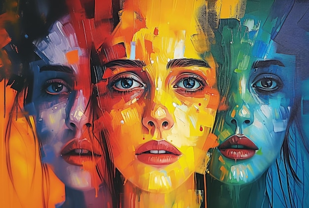 Painting of Three Women With Colorful Faces Generative AI