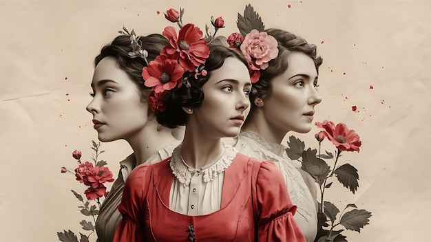 a painting of three women with flowers