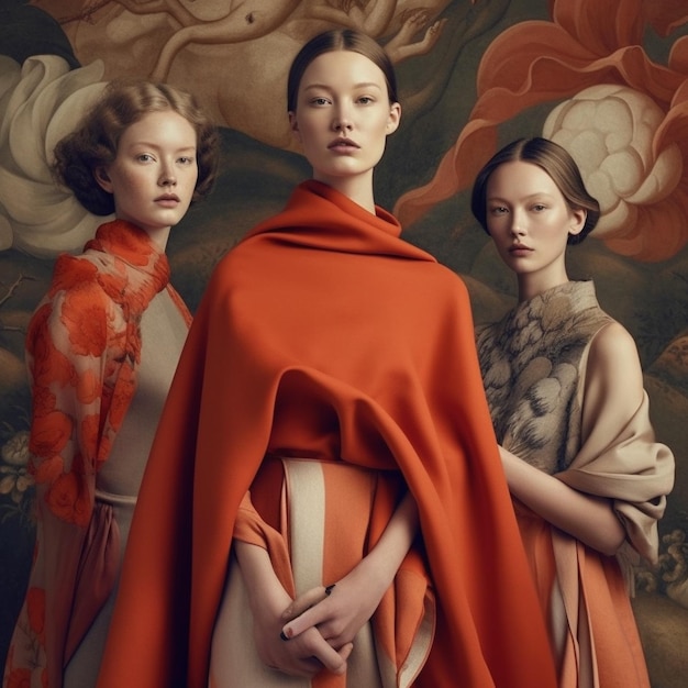 a painting of three women with a red cape